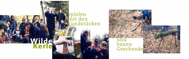 Wilde Kerle spielen mit den Fundst&uuml;cken und bauen Geschenke